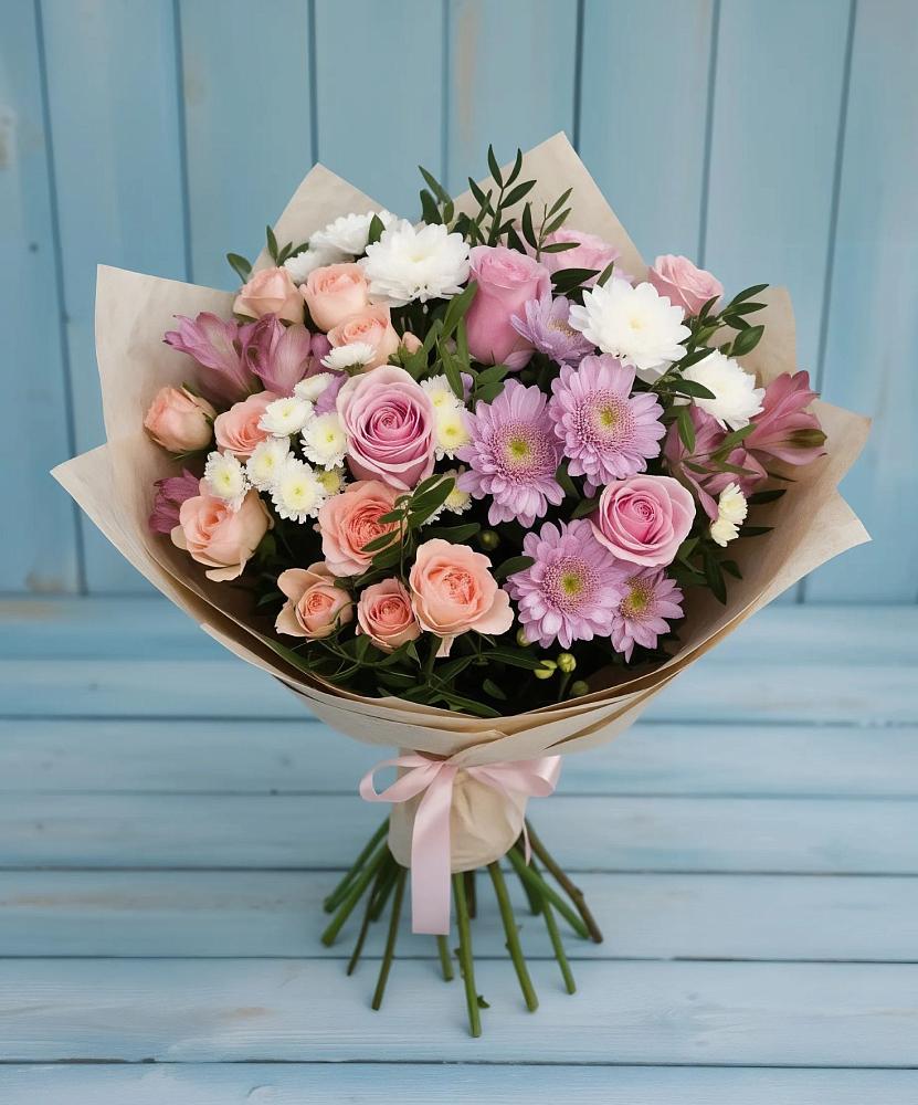 Букет цветов из: Хризантемы, Розы и Альстромерии в Корсакове