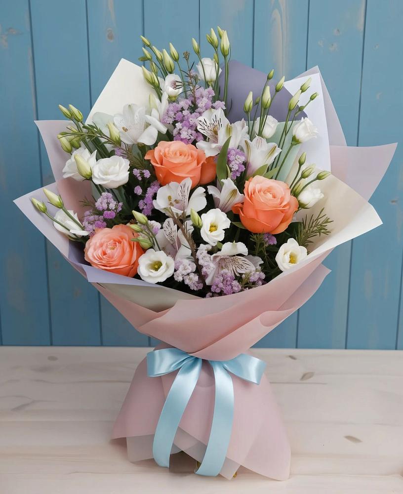Букет цветов из: Лизиантусы, Розы, Альстромерии и Гипсофила в Корсакове