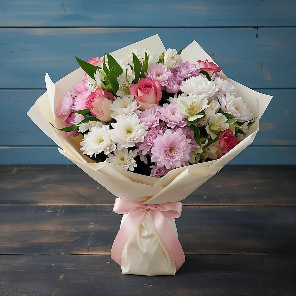 Букет цветов из: Хризантемы, Альстромерии и Розы в Корсакове